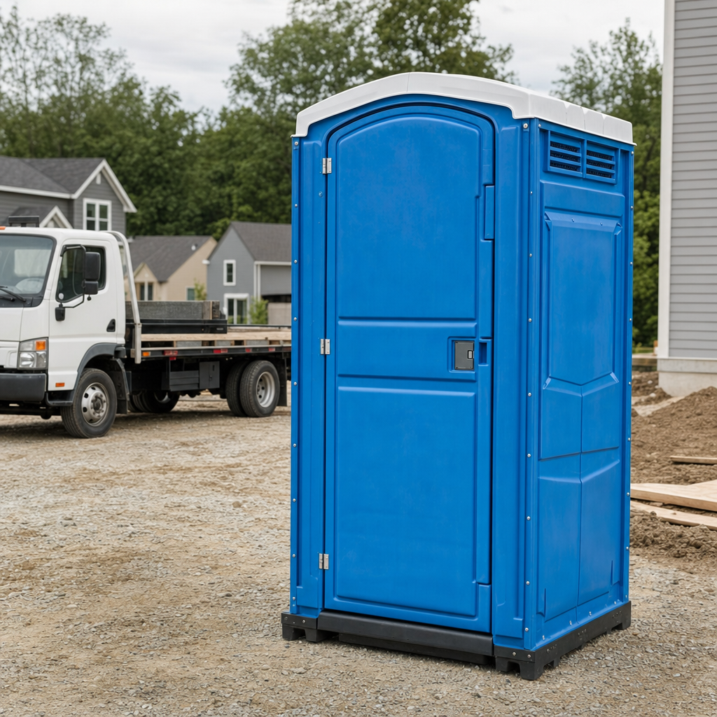 Delivery driver positioning a clean royal-blue portable toilet on level ground at a Longmont worksite