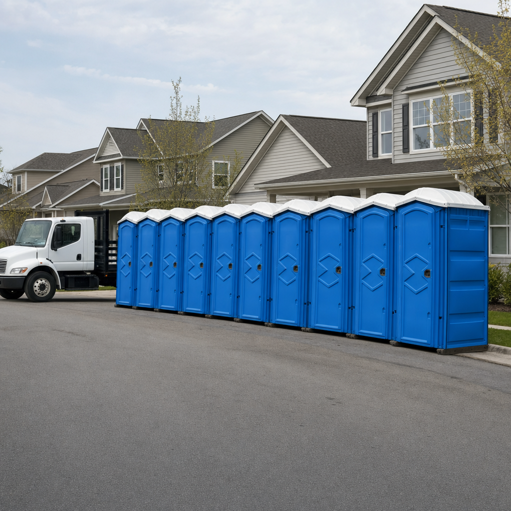 Royal blue portable toilets staged in a tidy row at a Longmont jobsite, ready for delivery